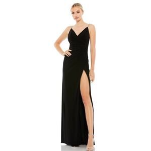 Ieena for MacDuggal gown-size‎ 0-black rhinestone spaghetti strap high slit
